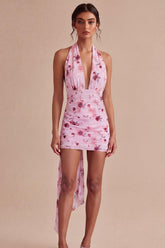 Suzhoufashion Pink Floral Halter Ruched Tight Short Homecoming Dress with Bow