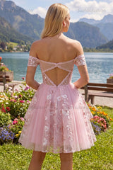Suzhoufashion Pink Floral Off-the-Shoulder A-Line Corset Short Homecoming Dress