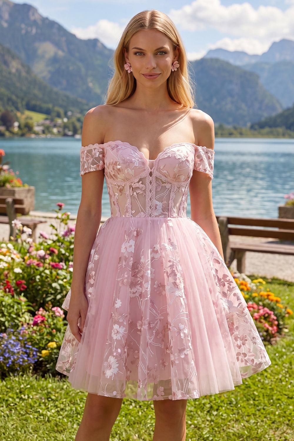 Suzhoufashion Pink Floral Off-the-Shoulder A-Line Corset Short Homecoming Dress