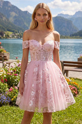 Suzhoufashion Pink Floral Off-the-Shoulder A-Line Corset Short Homecoming Dress