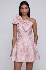Suzhoufashion Pink Floral One Shoulder A-Line Short Cocktail Dress with Bow
