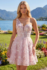 Suzhoufashion Pink Floral One-Shoulder A-Line Short Homecoming Dress