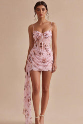Suzhoufashion Pink Floral Ruched Corset Tight Short Homecoming Dress with Sash