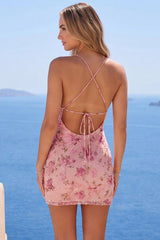 Suzhoufashion Pink Floral Spaghetti Straps Ruched Tight Short Homecoming Dress