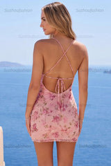 Suzhoufashion Pink Floral Spaghetti Straps Ruched Tight Short Homecoming Dress