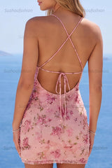 Suzhoufashion Pink Floral Spaghetti Straps Ruched Tight Short Homecoming Dress