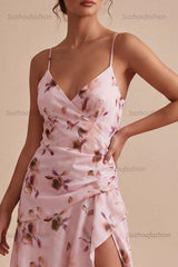 Suzhoufashion Pink Floral Spaghetti Straps Ruffled A-Line Short Homecoming Dress