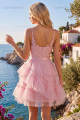 Suzhoufashion Pink Floral Spaghetti Straps Ruffled Tulle A-Line Short Homecoming Dress