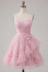 Suzhoufashion Pink Floral Spaghetti Straps Ruffled Tulle A-Line Short Homecoming Dress