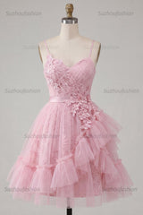 Suzhoufashion Pink Floral Spaghetti Straps Ruffled Tulle A-Line Short Homecoming Dress