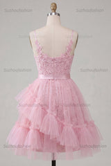 Suzhoufashion Pink Floral Spaghetti Straps Ruffled Tulle A-Line Short Homecoming Dress