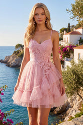 Suzhoufashion Pink Floral Spaghetti Straps Ruffled Tulle A-Line Short Homecoming Dress