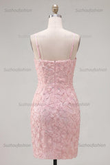 Suzhoufashion Pink Floral Spaghetti Straps Tight Short Homecoming Dress with Pearl Details