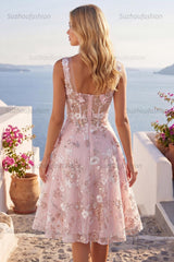 Suzhoufashion Pink Floral Square Neck A-Line Corset Short Homecoming Dress