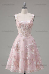 Suzhoufashion Pink Floral Square Neck A-Line Corset Short Homecoming Dress