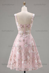 Suzhoufashion Pink Floral Square Neck A-Line Corset Short Homecoming Dress