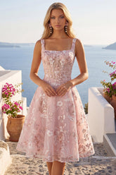 Suzhoufashion Pink Floral Square Neck A-Line Corset Short Homecoming Dress