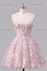 Suzhoufashion Pink Floral Strapless Corset A-Line Short Homecoming Dress