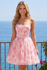 Suzhoufashion Pink Floral Strapless Corset A-Line Short Homecoming Dress