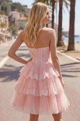 Suzhoufashion Pink Floral Strapless Lace Corset Short Homecoming Dress with Ruffles