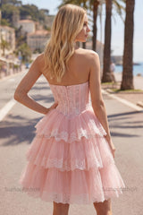 Suzhoufashion Pink Floral Strapless Lace Corset Short Homecoming Dress with Ruffles