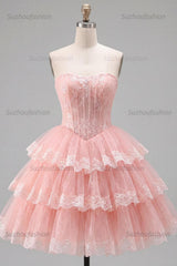 Suzhoufashion Pink Floral Strapless Lace Corset Short Homecoming Dress with Ruffles
