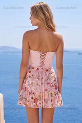 Suzhoufashion Pink Floral Strapless Ruched A-Line Corset Short Homecoming Dress