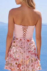 Suzhoufashion Pink Floral Strapless Ruched A-Line Corset Short Homecoming Dress