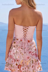 Suzhoufashion Pink Floral Strapless Ruched A-Line Corset Short Homecoming Dress