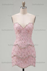 Suzhoufashion Pink Floral Strapless Tight Short Homecoming Dress with Pearl Details