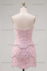 Suzhoufashion Pink Floral Strapless Tight Short Homecoming Dress with Pearl Details