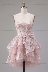 Suzhoufashion Pink Floral Sweetheart Ruffled A-Line Corset Short Homecoming Dress with Bow