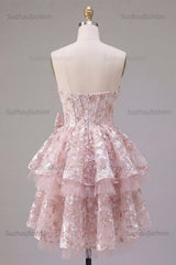 Suzhoufashion Pink Floral Sweetheart Ruffled A-Line Corset Short Homecoming Dress with Bow