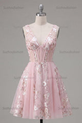 Suzhoufashion Pink Floral V-Neck A-Line Corset Short Homecoming Dress