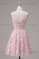 Suzhoufashion Pink Floral V-Neck A-Line Corset Short Homecoming Dress
