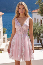 Suzhoufashion Pink Floral V-Neck A-Line Corset Short Homecoming Dress