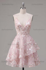 Suzhoufashion Pink Floral V-Neck A-Line Ruffled Short Corset Homecoming Dress
