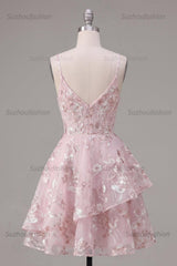 Suzhoufashion Pink Floral V-Neck A-Line Ruffled Short Corset Homecoming Dress