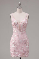 Suzhoufashion Pink Floral V-Neck Beaded Tight Short Corset Homecoming Dress