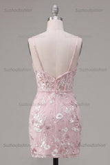 Suzhoufashion Pink Floral V-Neck Beaded Tight Short Corset Homecoming Dress