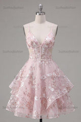 Suzhoufashion Pink Floral V-Neck Cut-Out Ruffled A-Line Corset Short Homecoming Dress