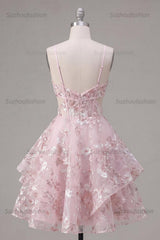 Suzhoufashion Pink Floral V-Neck Cut-Out Ruffled A-Line Corset Short Homecoming Dress