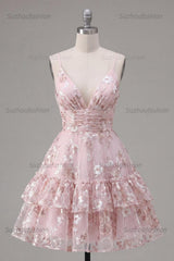 Suzhoufashion Pink Floral V-Neck Ruched Tiered Ruffled A-Line Short Homecoming Dress