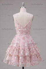Suzhoufashion Pink Floral V-Neck Ruched Tiered Ruffled A-Line Short Homecoming Dress