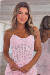 Suzhoufashion Pink Lace Strapless Corset Mini Homecoming Dress