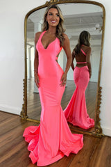 Suzhoufashion Pink Mermaid V-Neck Prom Dress With Cross Back And Satin Finish Formal Evening Gown