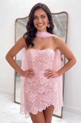 Suzhoufashion Pink Neck Scarf Lace Tight Strapless Short Homecoming Dress
