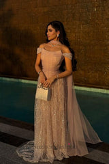 Suzhoufashion Pink Off The Shoulder Beaded Formal Dress Sequined Tulle A Line Prom Evening Gown