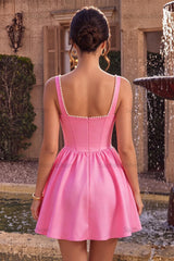 Suzhoufashion Pink Satin A-Line Corset Beaded Short Homecoming Dress