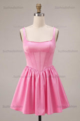 Suzhoufashion Pink Satin A-Line Corset Beaded Short Homecoming Dress